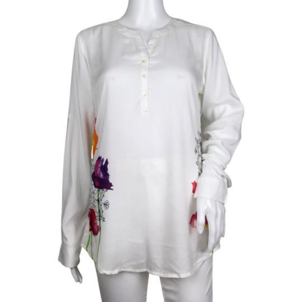 NWT Desigual Women's Blouse Flowers Art Print White Color Sz S